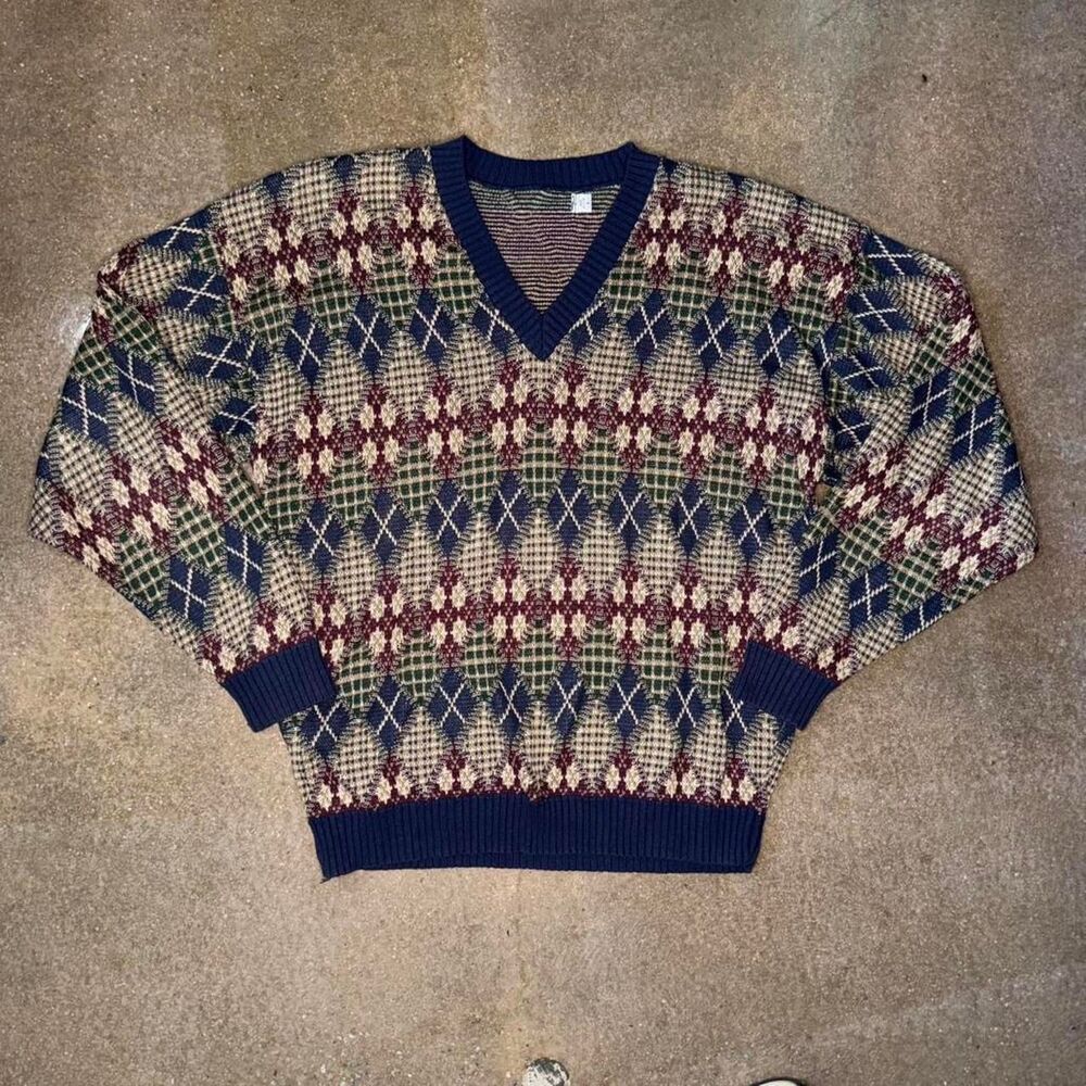 Vintage Style Knit Sweater Patterned Grandpa Core L